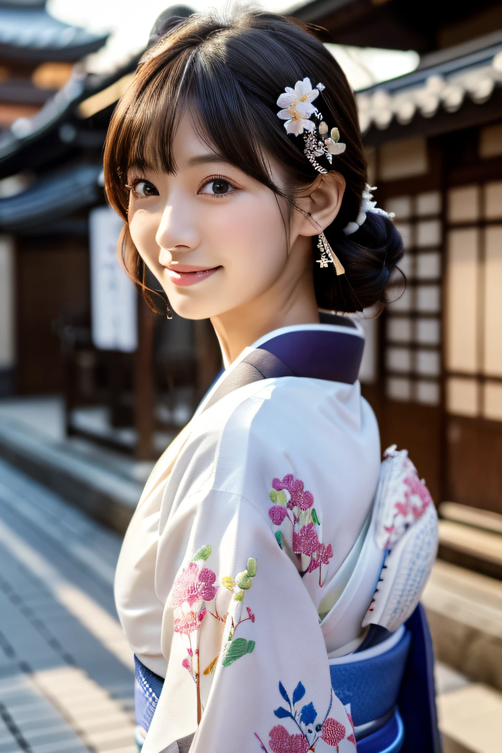 Best Quality, masutepiece, High resolution, Original, highly detailed wallpaper, Beauty,Gorgeous kimono、Dress, sad, a small face、teens girl、Real Human、authentic、foreigner、The flowers below in the old photo are blooming、cheerfulness、Pleasure、ssmile、Ancient Japan