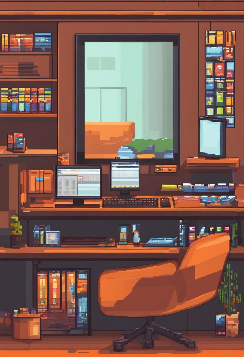 Software company office cubical, best quality, photorealistic, dark orange color