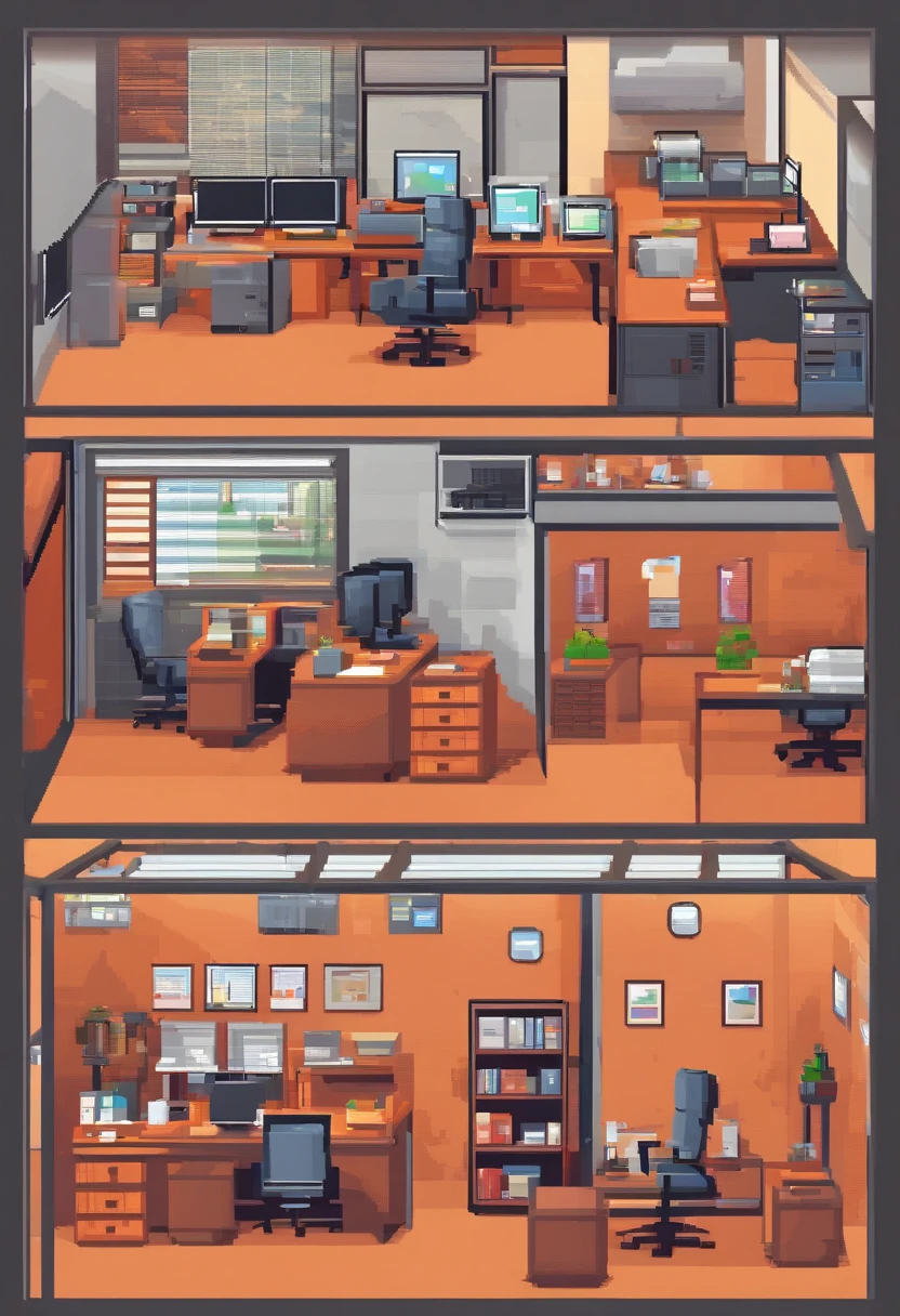 Software company office cubical, best quality, photorealistic, dark orange color
