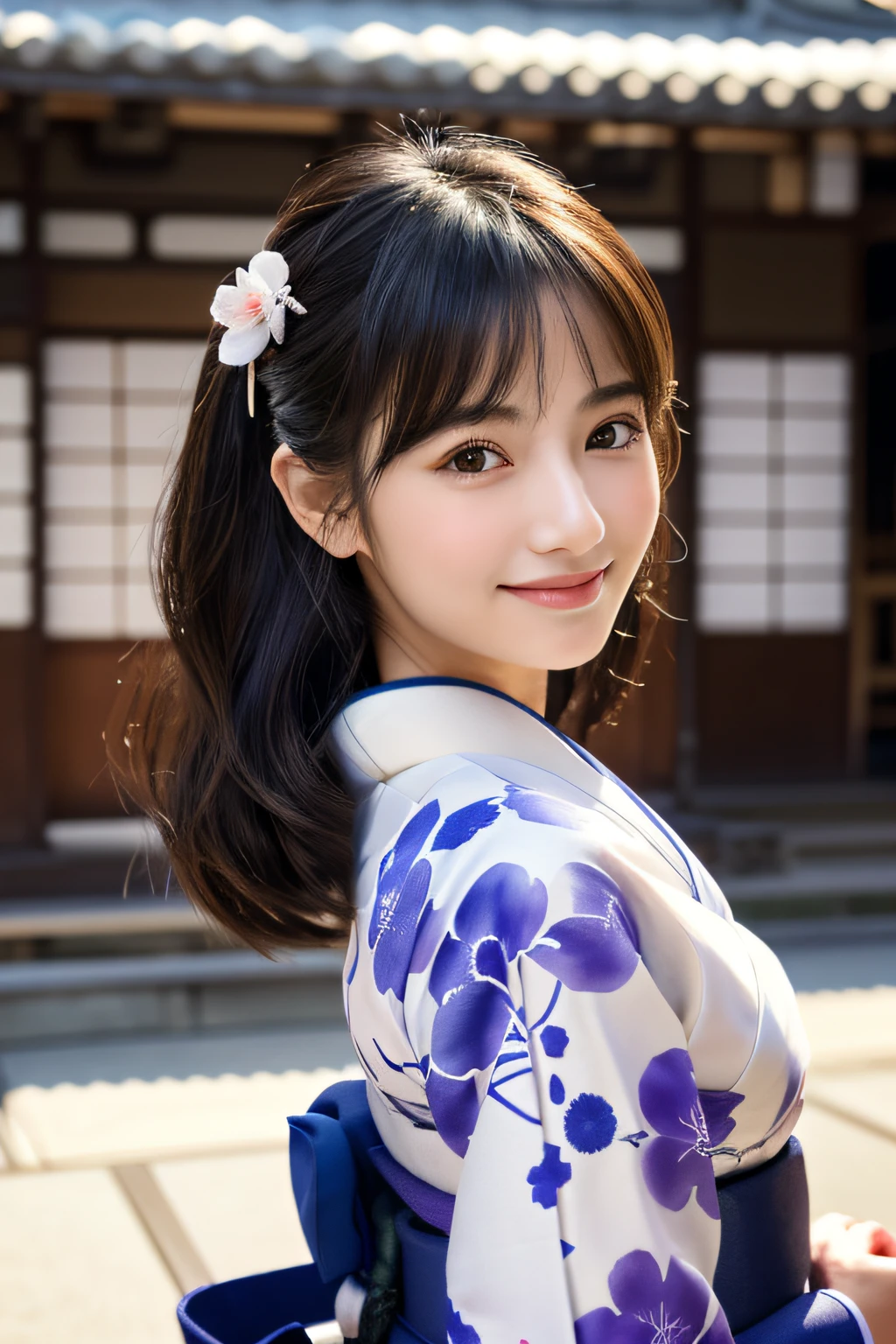 Best-quality, Masterpiece, Ultra-High-Resolution, (Photorealistic:1.4), Raw-Photo, 1girl, the most famous Japanese idol, wearing Japanese-KIMONO, upturned ass that wearing Japanese-KIMONO, looking at viewer, innocent-smile, the most cute face, the most beautiful big-eyes, the most beautiful hair, the most beautiful skins, the most beautiful long-eyelashes, the most beautiful lips, the most beautiful hip