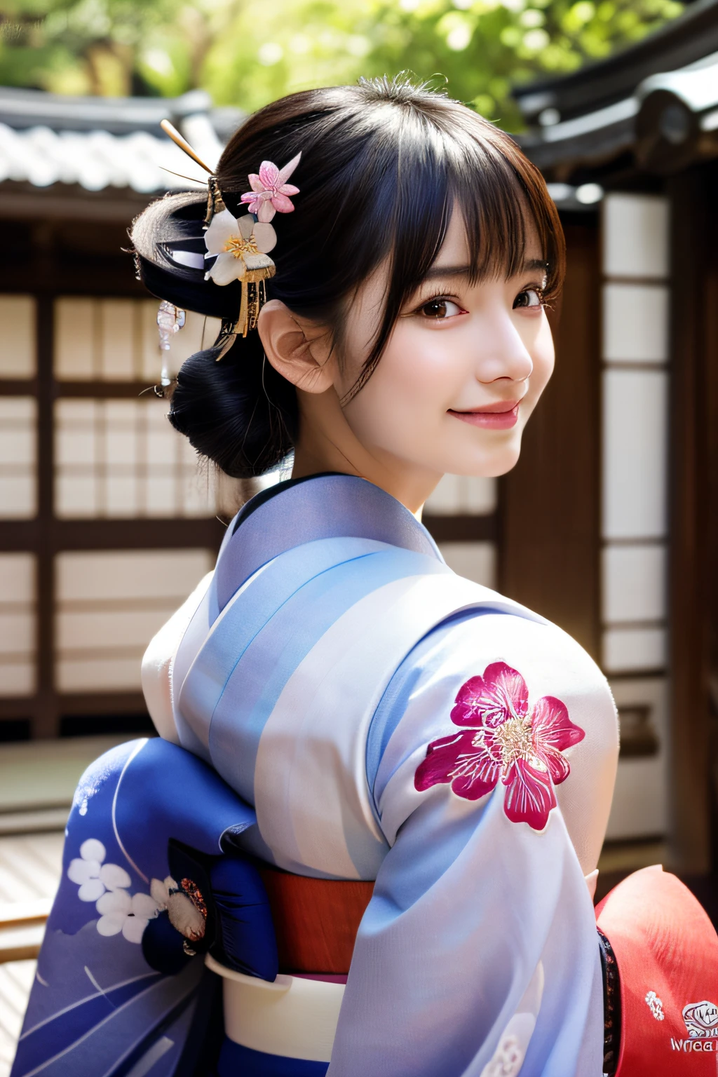 (8K、Raw photography、top-quality、masterpiece:1.2)、ultra-detailliert、超A high resolution、(realisitic、photoRealstic:1.37)、portlate、High-detail RAW color photos、professional photograpy、extremely delicate and beautiful、A highly detailed、 8K Wallpapers、magnifica、finely detail、huge filesize、Official art、Highly detailed CG Unity 8K wallpapers、highly detailed beautiful girl、extra detailed face、extremely detailed eye、highlydetailed skin、extremely detailed fingers、highly detailed nose、highly detail mouth、perfect anatomia、highly detailed back ground、Highly detailed attire、女の子1人、(18year old:1.2)、10 generations、Cute girl s、famous Japan idol、cute little、(small tits:1.2)、Realistic body、小柄、fair white skin、shinny skin、slenderbody、well-styled、A dark-haired、Hair collection、(Pattsun bangs:1.2)、A smile、kawaii、年轻、kawaii faces、Lifelike face、Beautiful eyes、Sauce order、(Kimono:1.4)、Dense embroidery、耳Nipple Ring、(hair adornments:1.2)、eye、cowboy shot、frontage、standing athletic pose、Contrapo、outside of house、(natta:1.4)、A Japanese style、kyoto、Dynamic lighting、