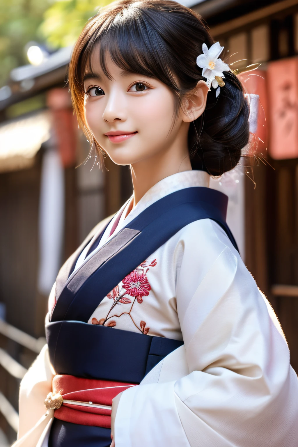 (8K、Raw photography、top-quality、​masterpiece:1.2)、ultra-detailliert、超A high resolution、(realisitic、photoRealstic:1.37)、portlate、High-detail RAW color photos、professional photograpy、extremely delicate and beautiful、A highly detailed、 8K Wallpapers、magnifica、finely detail、huge filesize、Official art、Highly detailed CG Unity 8K wallpapers、highly detailed beautiful girl、extra detailed face、extremely detailed eye、highlydetailed skin、extremely detailed fingers、highly detailed nose、highly detail mouth、perfect anatomia、highly detailed back ground、Highly detailed attire、女の子1人、(18year old:1.2)、10 generations、Cute little girl s、famous Japan idol、cute little、(small tits:1.2)、Realistic body、小柄、fair white skin、shinny skin、slenderbody、well-styled、A dark-haired、Hair collection、(Pattsun bangs:1.2)、A smile、kawaii、年轻、kawaii faces、Lifelike face、Beautiful eyes、Sauce order、(Kimono:1.4)、Dense embroidery、耳Nipple Ring、(hair adornments:1.2)、eye、cowboy  shot、frontage、standing athletic pose、Contrapo、outside of house、(natta:1.4)、A Japanese style、kyoto、Dynamic lighting、