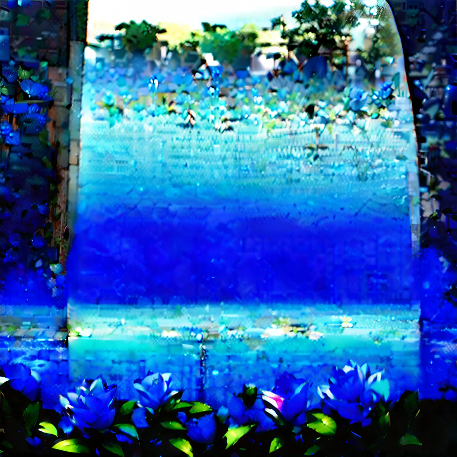 blue roses with water on plants in front of a fence, in the style of glowing colors, dark white and light pink, shigeru aoki, water drops, eerily realistic, stereoscopic photography, dark gray and sky-blue --iw 2 --v 5.2 --ar 9:16