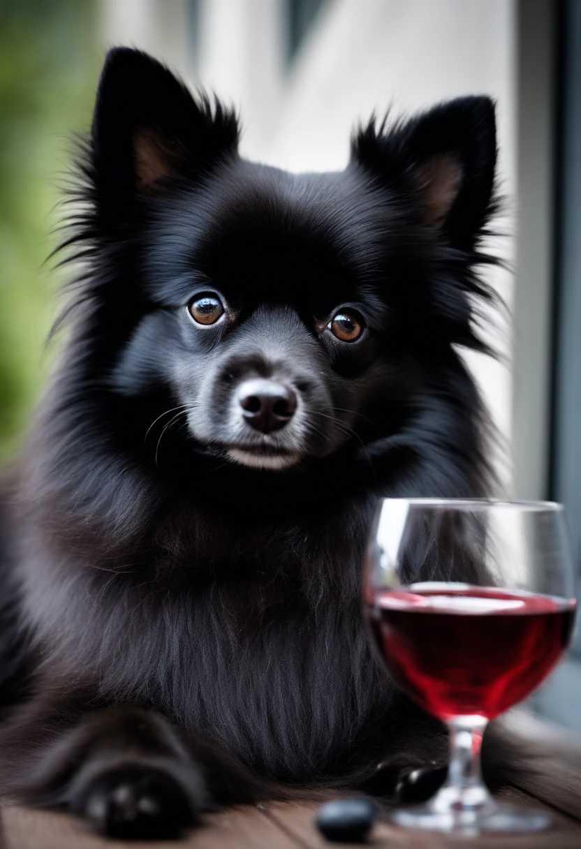 Perfect centering, Cute Black Pomeranian, Drinking red wine, 8K Night