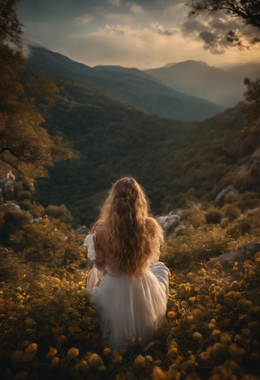 Em um surreal, fantastic world, Nossa mulher deslumbrante com cabelos loiros ondulados extra longos possui olhos que parecem guardar os segredos do universo. She is in the midst of floating islands in the sky, seus cabelos em cascata como uma cachoeira de ouro. The atmosphere is otherworldly, com um senso de magia e maravilha. This prompt runs in a highly detailed digital art style, combinando realismo com elementos de fantasia, Usando uma lente grande angular (24 mm) para capturar a grandiosidade da cena,