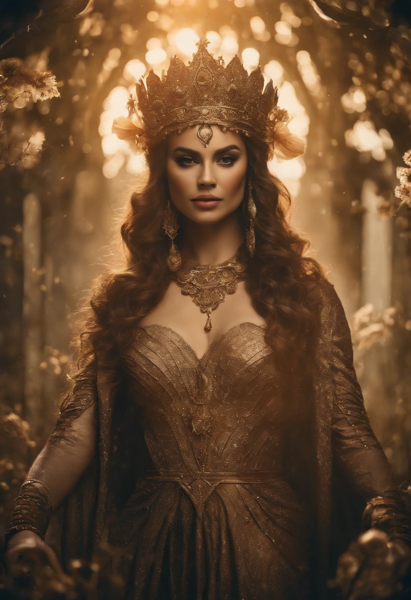 Fantasy (masterpiece:1.2),best quality,expressive eyes,perfect face,elegant pose,wearing skimpy armour,crown,8k,ultra-realistic,dramatic,cinematic,vivid colors,detailed background,ethereal lighting,dark and mysterious atmosphere,mythical creatures,floating castle,magical forest,golden light rays,enchanted ambiance,deep shadows,dreamlike,hint of magic,soft and flowing fabrics,surreal,grandeur,epic,imagination unleashed,otherworldly,whimsical,unforgettable.