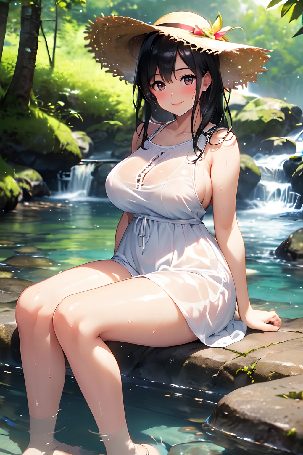 (High quality, High resolution, Fine details, Realistic), mountain stream, sunlight filtering through trees, Straw Hat, white casual dress, playing in the water, (soles of feet), solo, Curvy women, black Hair, sparkling eyes, (Detailed eyes), (((smile))), blush, Large breasts, (Sweat, Oily skin), Shallow depth of field