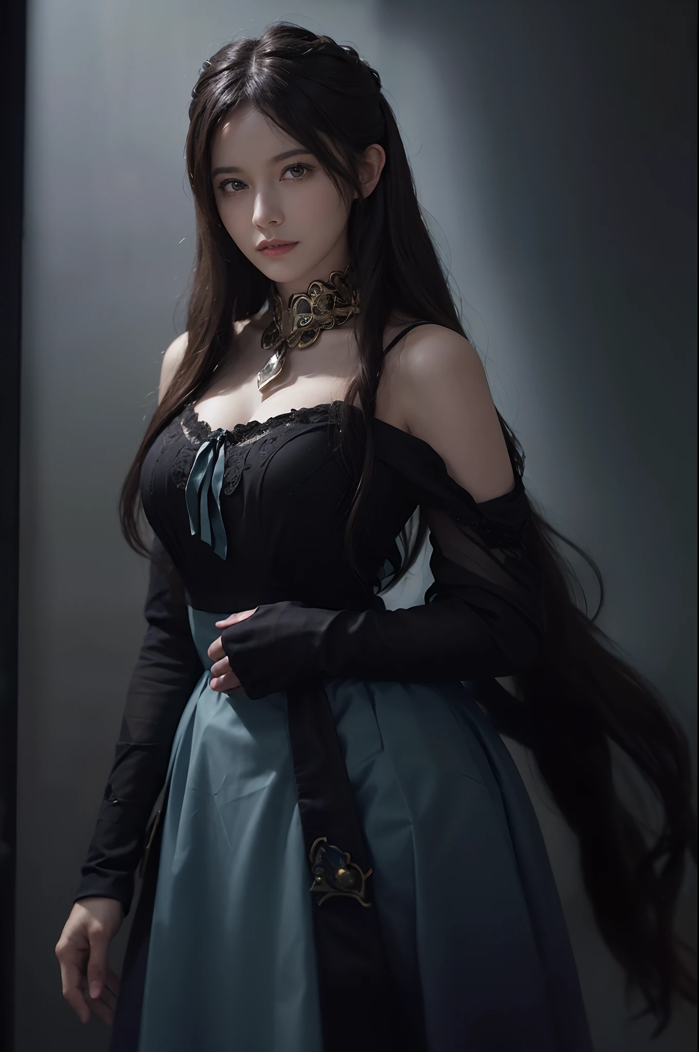 (front focus),(in the dark:1.6), Hyperrealist portrait of female by david hockney and alphonse mucha,fantasy art, photo realistic, dynamic lighting, artstation, poster, volumetric lighting, very detailed faces, 4 k, award winning,, 1girl, in the dark, deep shadow, low key,cowboy shot,(official clothing:1.4) ,long hair,white hair,