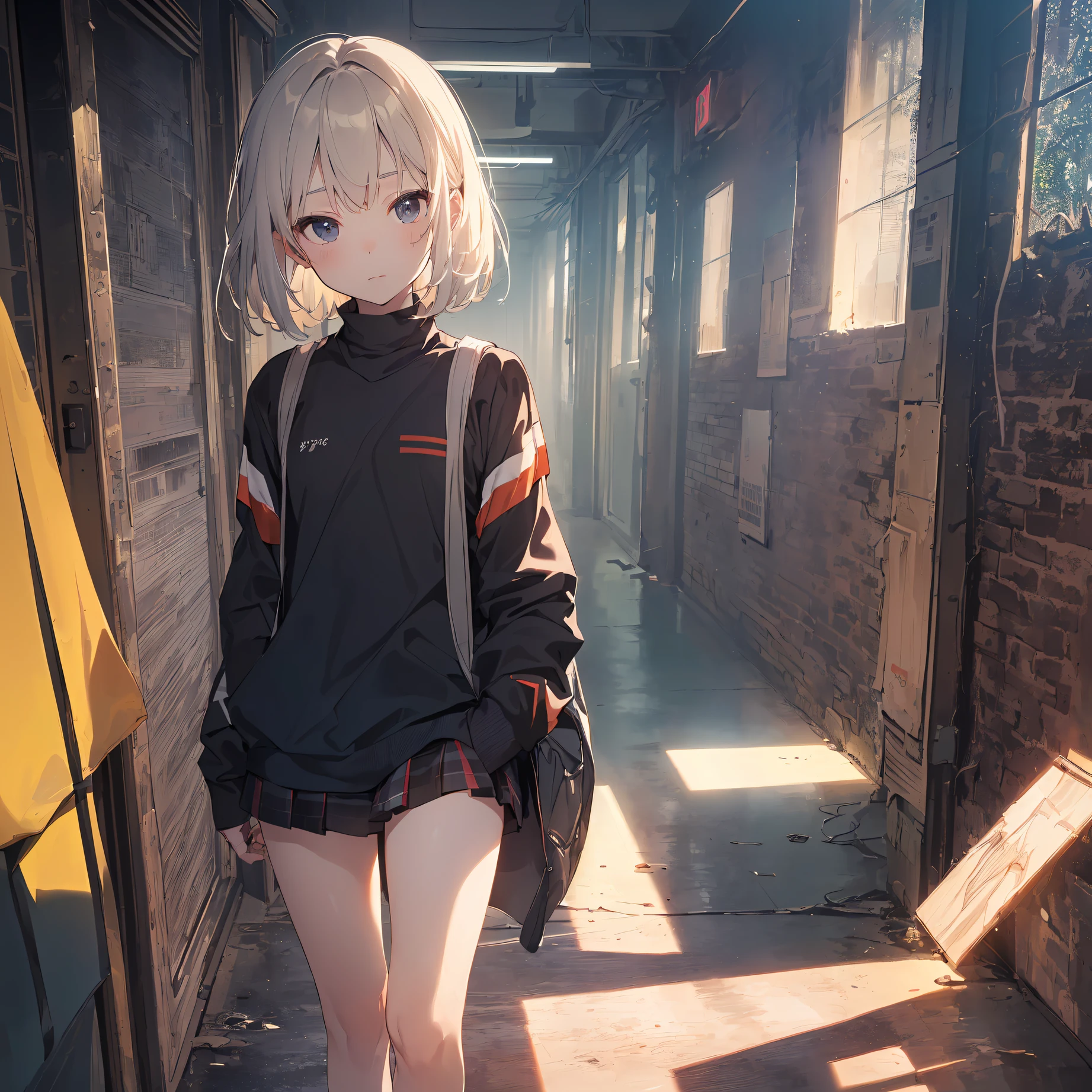 ((top quality,ultra-detailed,high resolution,extremely detailed CG,unity 8k wallpaper,by famous artist,perfect anatomy,super detailed skin,cinematic lighting,UHD, retina, ccurate, anatomically correct, 1080P)),break,(Please draw a picture of a girl walking listlessly looking into the distance. :1.3),break, 1girl, (Solo,Loli face,13-year-old:1.5),a junior high school student, (Very Short hair),Full limbs,complete fingers,flat chest, Small butt, groin, Beautiful detailed black eyes, disgusted eye, cowboy shot, school Uniform,(Detailed Lighting), (Detailed background), (in the school zone),