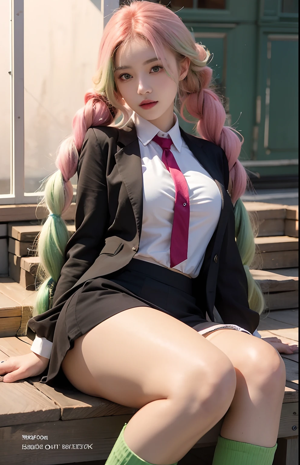 A girl with realistic long pink and green hair, realistic braided hairstyle, exactly the same hairstyle, realistic bright green eyes, realistic Korean beautiful face, realistic seductive expression,Adapt exact clothing, realistic light, realistic shadows, realistic background