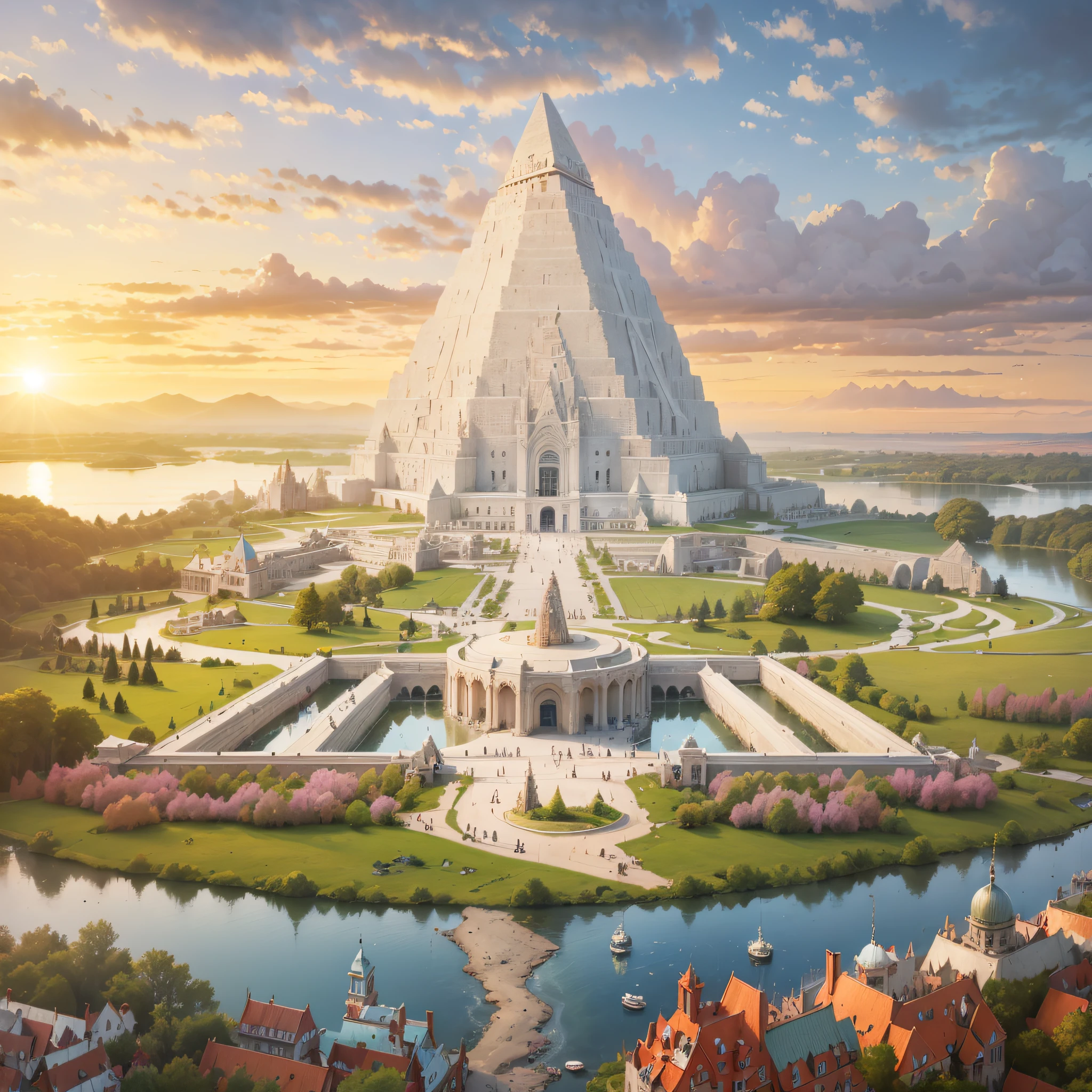 fantasy art, very far perspective, a colossal fantasy temple made of white granite with beautiful carvings with a pyramid-shaped roof standing on a meadow near a massive lake and a large colorful medieval-style city behind it, colorful buildings, fantasy structure, morning time, majestic architecture, aesthetic, cinematic, sharp focus, masterpiece, best quality, 8k