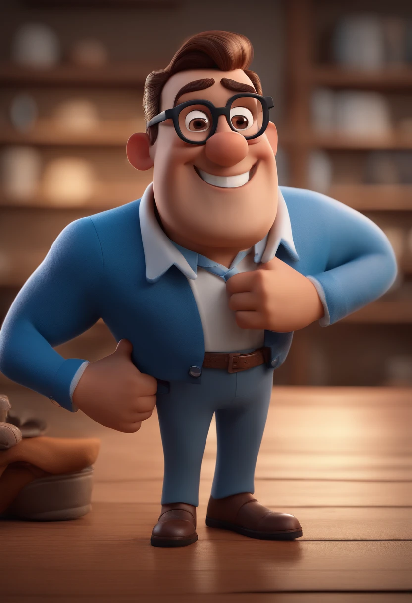 Cartoon character of a man with black glasses and a blue shirt, animation character, Caractere estilizado, animation style rendering, 3D estilizado, Arnold Maya render, 3 d render stylized, toon render keyshot, Personagem 3D, Personagem 3D, 3d rendering stylized, 3 d character render, personagem de desenho animado, Personagem de close up, Pose de personagem, (Estilo Pixar) (master part:1.2) (Bokeh) (best quality) (pele detalhada) (textura detalhada) (8k) (argila) (Cinematic lighting) (foco nítido
