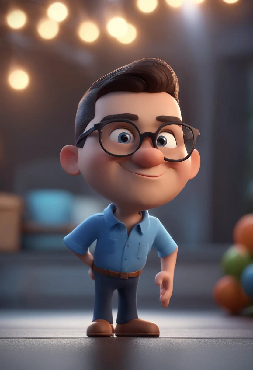 Cartoon character of a man with black glasses and a blue shirt, animation character, Caractere estilizado, animation style rendering, 3D estilizado, Arnold Maya render, 3 d render stylized, toon render keyshot, Personagem 3D, Personagem 3D, 3d rendering stylized, 3 d character render, personagem de desenho animado, Personagem de close up, Pose de personagem, (Estilo Pixar) (master part:1.2) (Bokeh) (best quality) (pele detalhada) (textura detalhada) (8k) (argila) (Cinematic lighting) (foco nítido