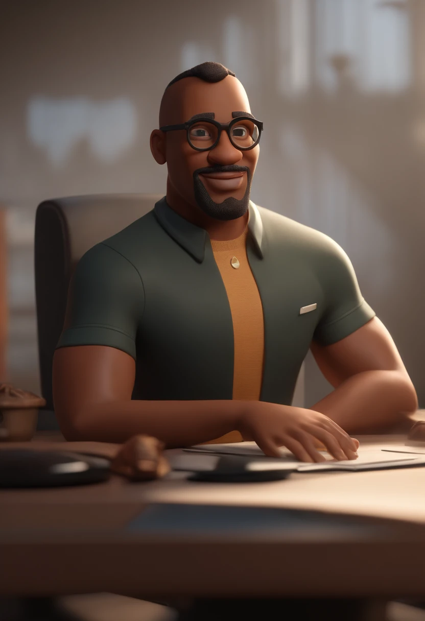personagem dos desenhos animados de um homem negro sem barba com uma camisa social, com furo mo queixo, animation character, Caractere estilizado, animation style rendering, 3D estilizado, Arnold Maya render, 3 d render stylized, toon render keyshot, Personagem 3D, Personagem 3D, 3d rendering stylized, 3 d character render, personagem de desenho animado, Personagem de close up, Pose de personagem, (Estilo Pixar) (master part:1.2) (Bokeh) (best quality) (pele detalhada) (textura detalhada) (8k) (argila) (Cinematic lighting) (foco nítido