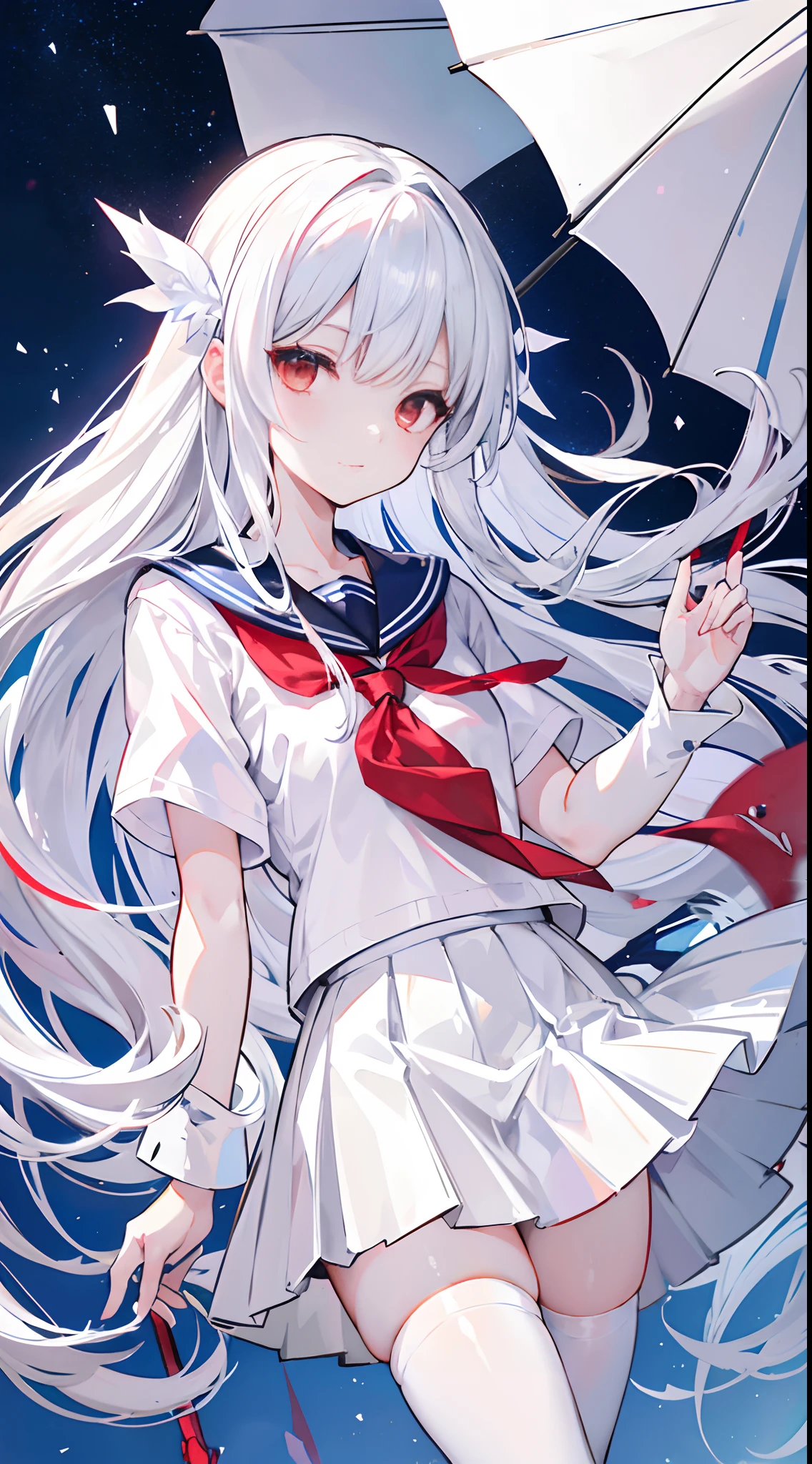 silver-white long hair，Broken hair curtains，Crystal red eyes，White short-sleeved sailor uniform，a skirt，expressiveless，apathy，Wearing white stockings，On the school rooftop，Wearing a crystal blue transparent umbrella，huge tit