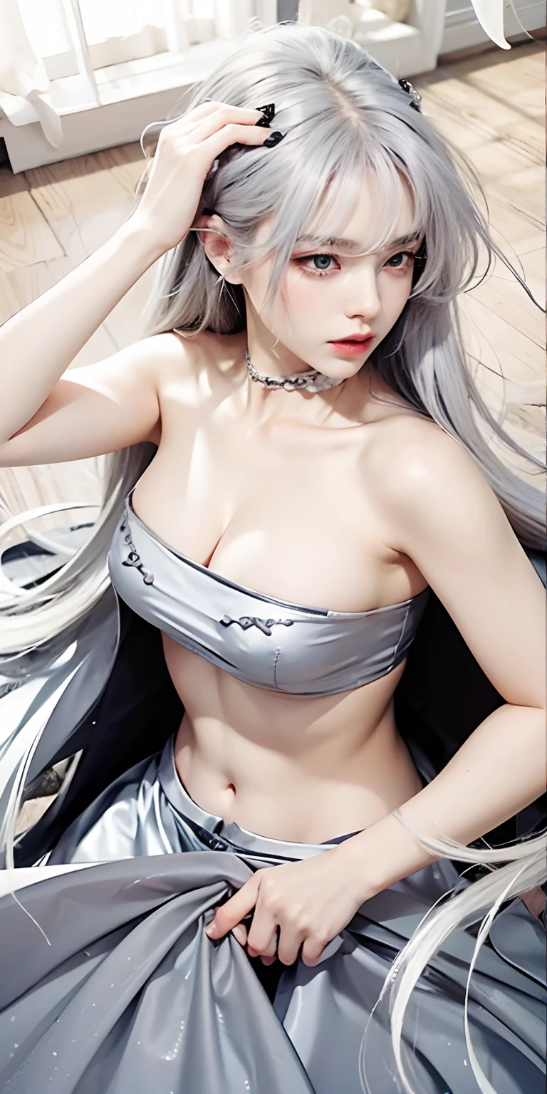 photorealistic, masterpiece, photorealistic, high resolution, soft light, waist up, blue eyes, white hair, long hair, nude, bedroom