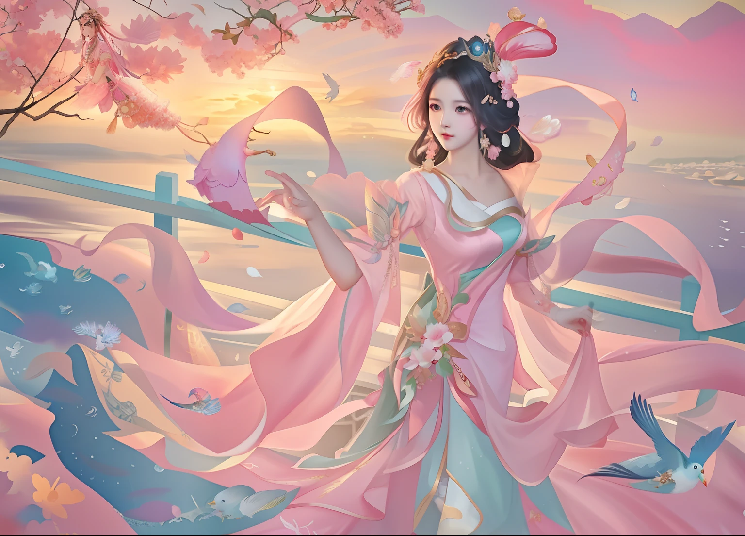 Anime girl wearing pink dress,With a fan and a bird, queen of the sea mu yanling, Inspired by Lan Ying, ! Dream Artgerm, Artgerm Plat, Artgerm and Ruan Jia, Ruan Jia and Artgerm, a beautiful fantasy empress, Style Artgerm, art-style, inspired by Ju Lian