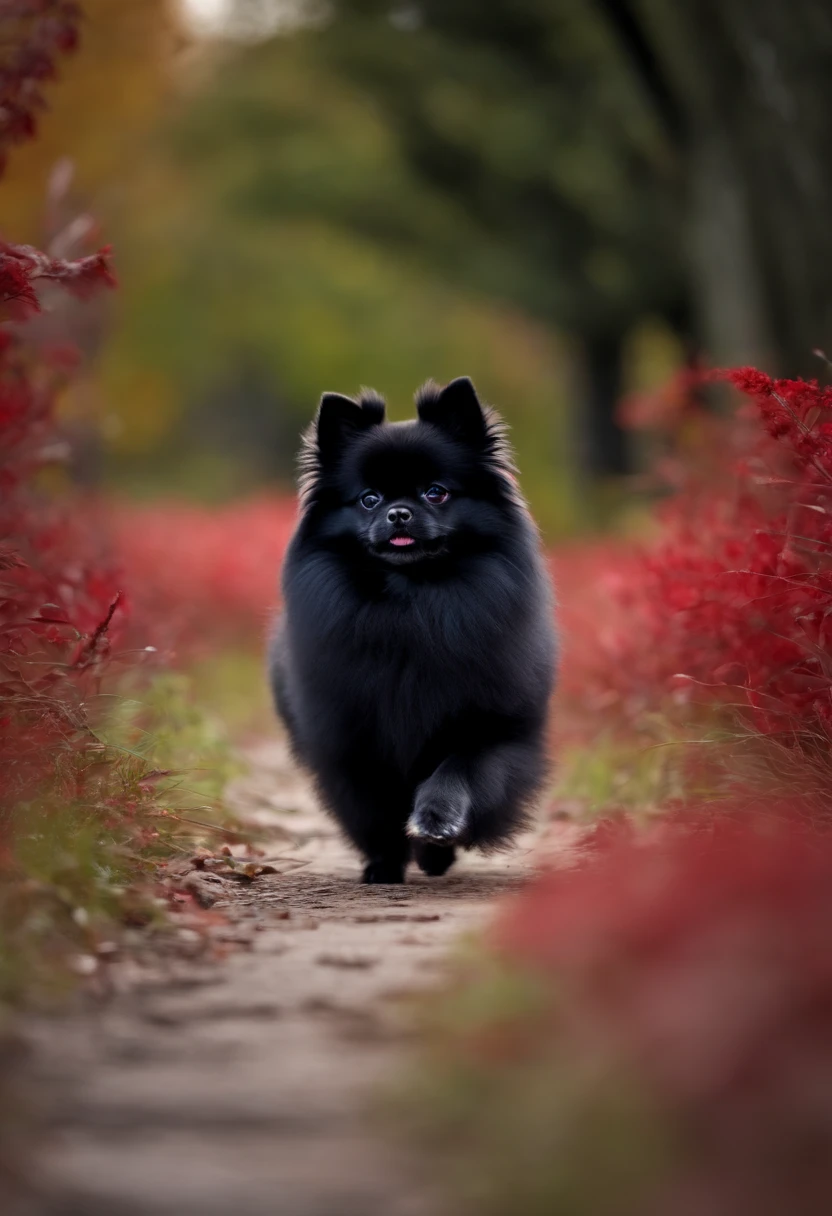 Perfect centering, Cute Black Pomeranian, Walks,winter,red bushes 8K