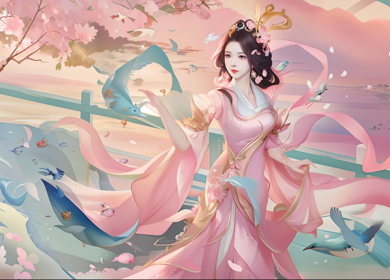 Anime girl wearing pink dress,With a fan and a bird, queen of the sea mu yanling, Inspired by Lan Ying, ! Dream Artgerm, Artgerm Plat, Artgerm and Ruan Jia, Ruan Jia and Artgerm, a beautiful fantasy empress, Style Artgerm, art-style, inspired by Ju Lian