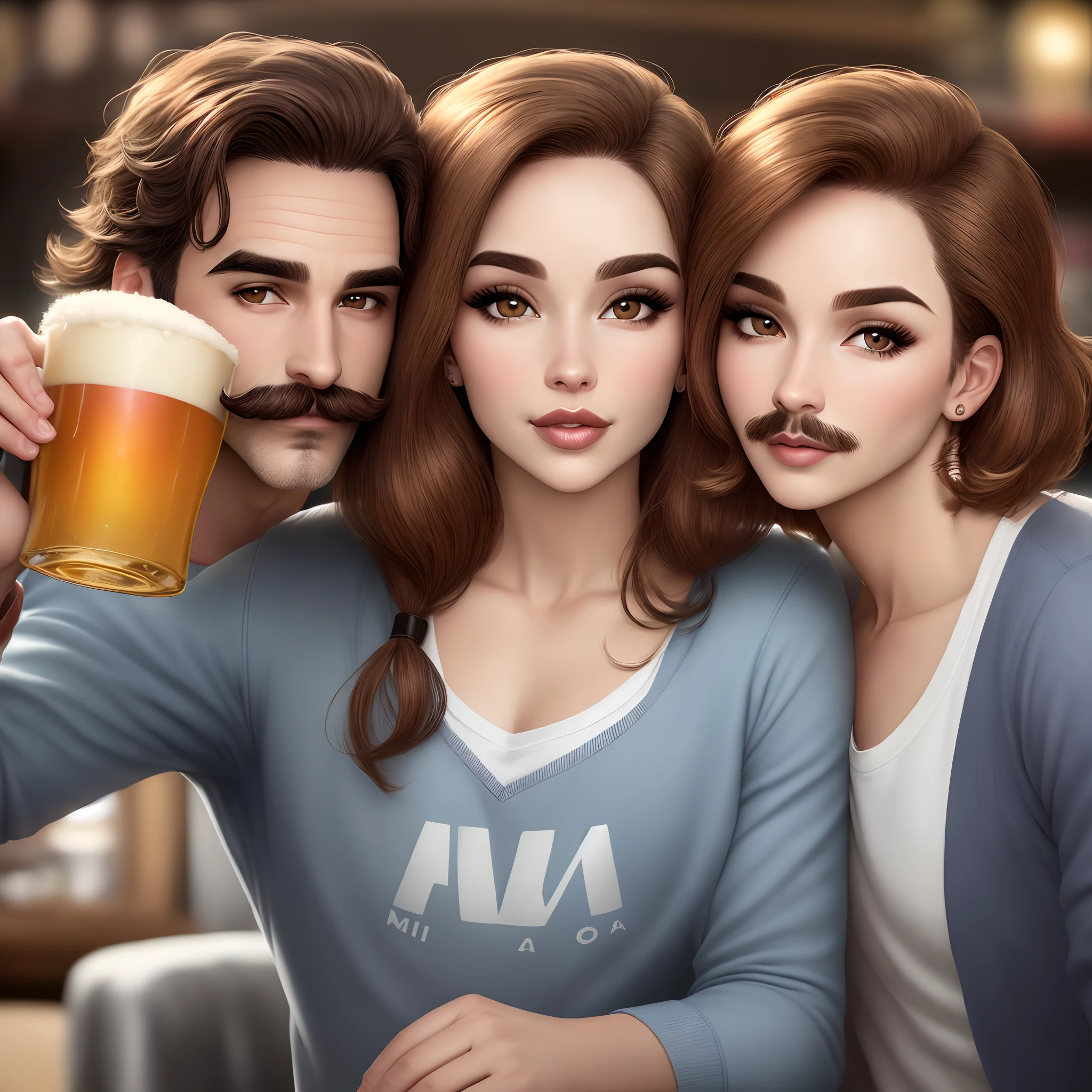 Casal (homem careca, barba e bigode grisalhos, estilo casual, olhos pequenos, mulher cabelos grisalhos altura dos ombros encaracolados, round face, full lips and brown eyes), estilo Mundo Pixar, alta qualidade, tomando cerveja
