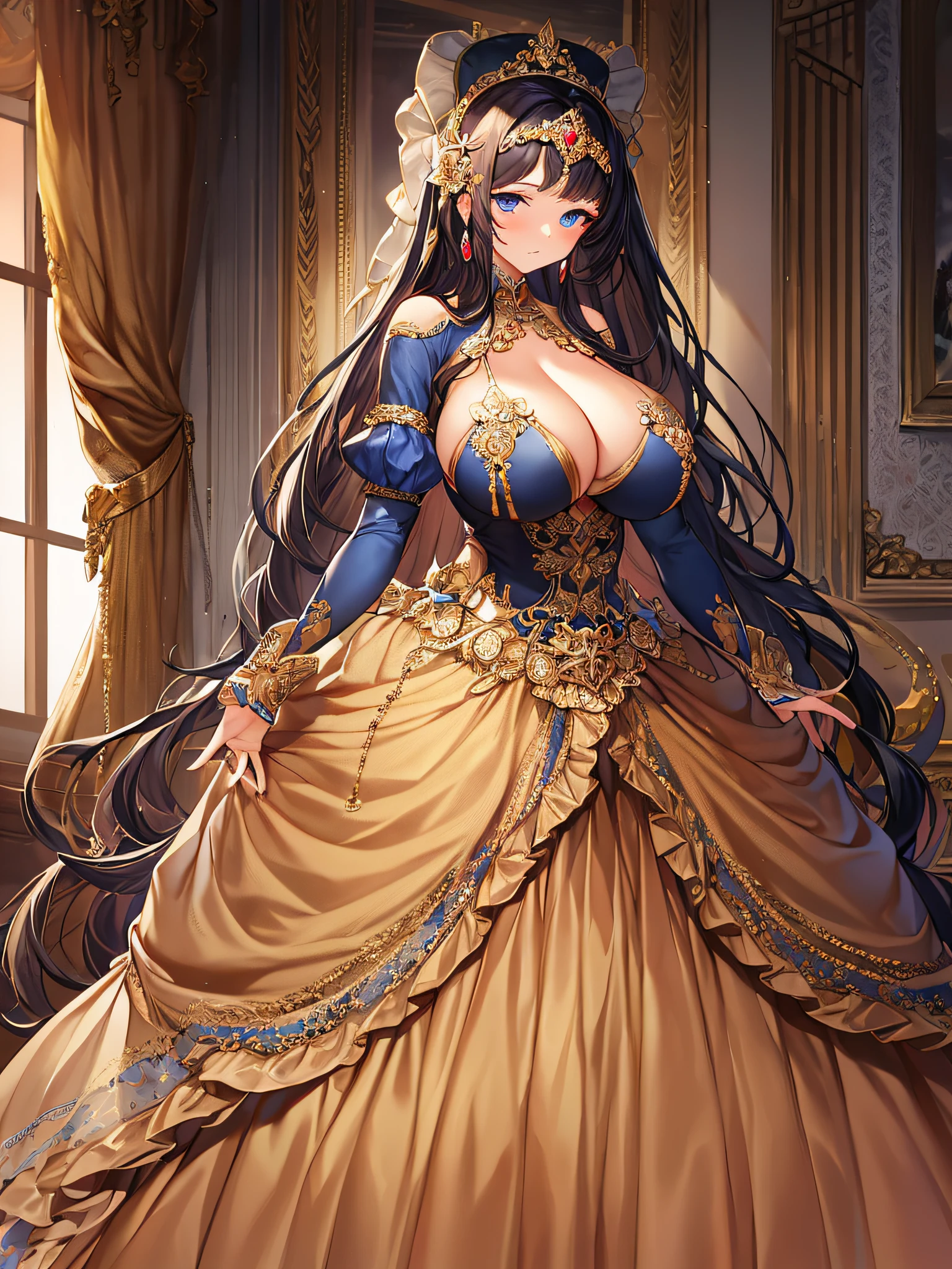 best quality, masterpiece, best definition, artwork, super detailed, many details, details, detailed,woman, 20 years,((one princess)), full body, full body, ((very gigantic boobs)),cleavage,Skindentation,(((absurdly long Hair))),Straight Hair,super detailed gorgeous ballgown with voluminous full length hoop skirt,gorgeous rococo ballgown with many ruffles,gorgeous rococo ballgown with big bows,gorgeous rococo ballgown with beautiful embroidery and jeweled, gorgeous rococo ballgown with big bows,ruffles,whole body,