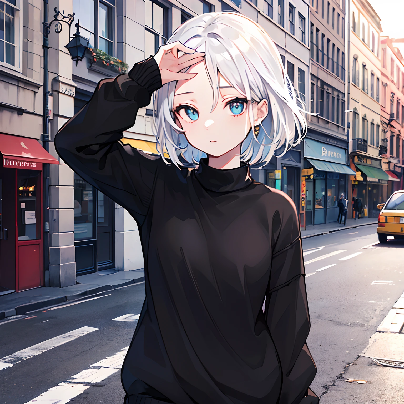 (top-quality、masutepiece)、(((Delicat eyes)))、1 girl in、Put your hand on your forehead、Fashionable clothes、White hair、hair pin、(((wearing black sweater)))、Daytime、Building Street、The sunlight is dazzling