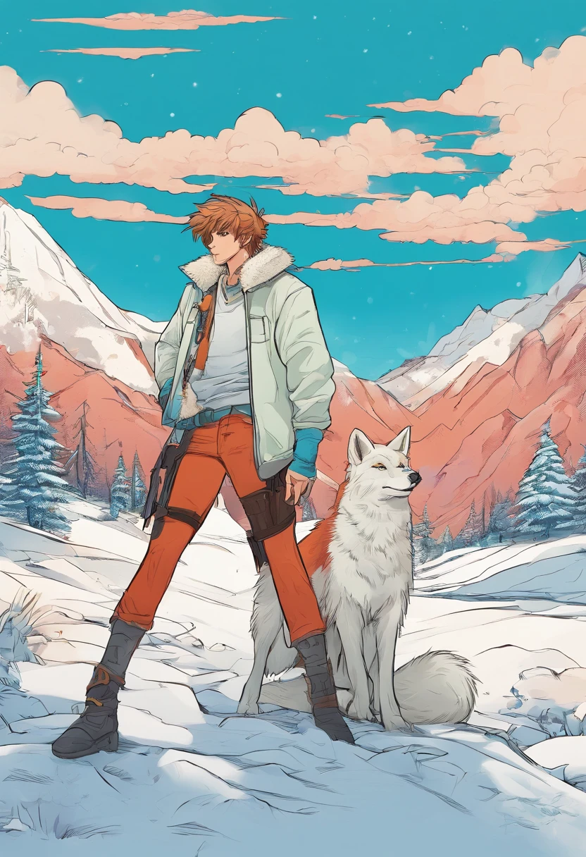 shaggy,furry tail,white fox,large ear,Red eyes,ssmile,Sit on the ground with your friends,wearing rifle on back,Wearing a long white trench coat,Wear black sweatpants,Wearing brown booties,Wearing a turquoise blue sweatshirt,Full body like,snowy days,snow landscape,Expansive environment,Young men,Around 20 years old