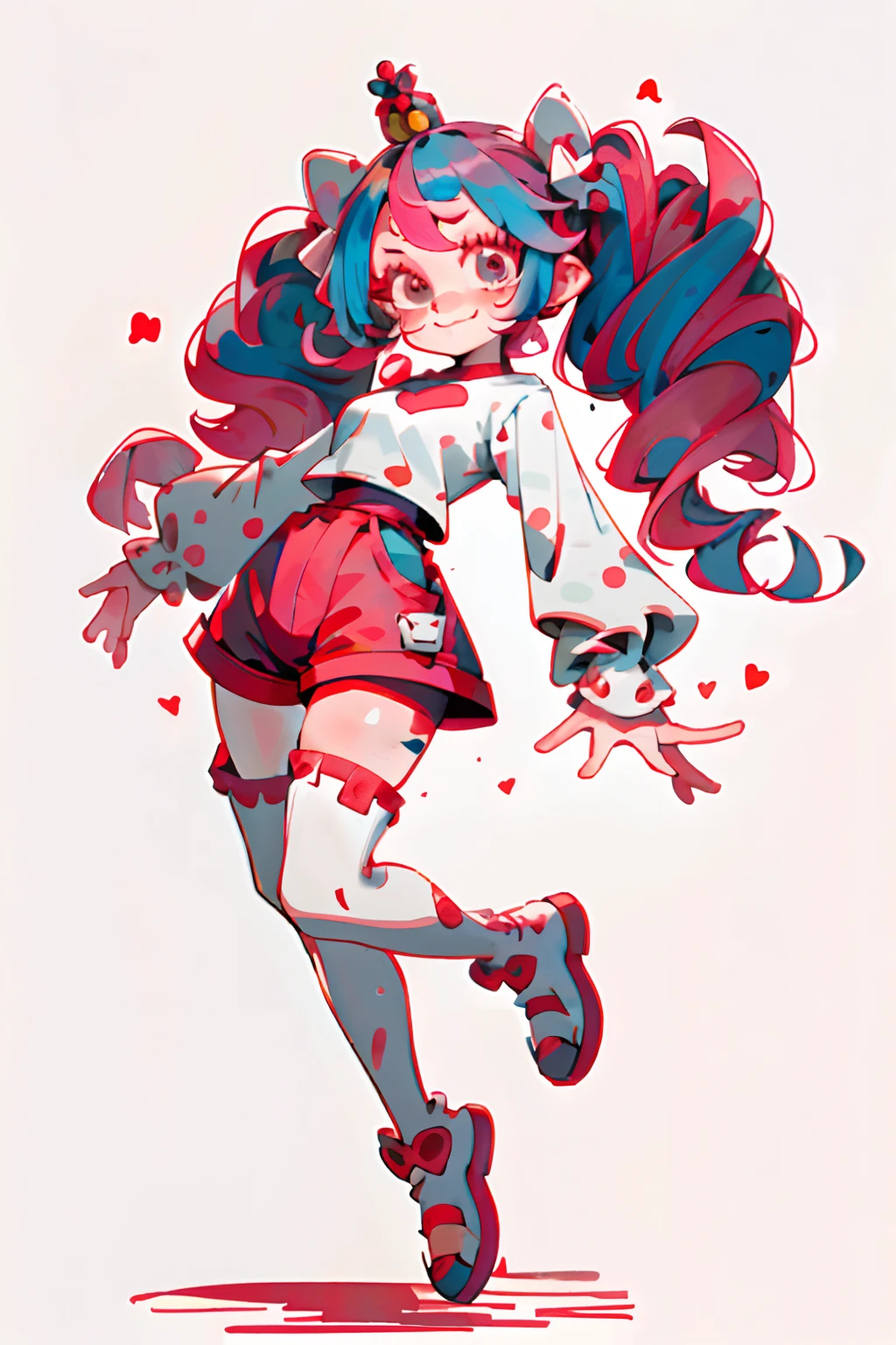 Crazy, girl, long hair, curly hair, pink hair, full body picture, pink eyes, heart shaped pupils, insane smile, blood splatter, 1GIRL, insane girl in long pink hair, crown, princess bubblegum style, finely detailed, (best quality), (intricate details), cute style, , jester style, multicolored, ((long pink messiest hair in pigtails)), best quality, ((long sleeve shirt and shorts)), ((red and white clothes)), ((jester style clothes)), ((thigh high socks)), ((round eyes)), ((has jester makeup)), beautiful face, happy, cute face, pinup, perfect face, simple background portrait, clowh hear cards, bubble gums