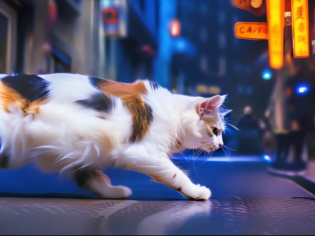 calico cat, tri-color cat, lihua cat, white black orange cat, Classic cat pose, walking on ancient asian street, tyndall effect, photorealistic, cinematic lighting, dark studio, round Pupils, reality, rim lighting, two tone lighting