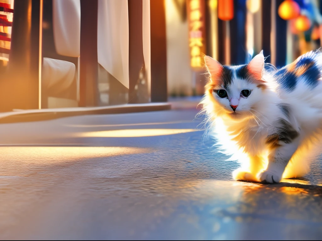 calico cat, tri-color cat, lihua cat, white black orange cat, Classic cat pose, walking on ancient asian street, tyndall effect, photorealistic, cinematic lighting, dark studio, round Pupils, reality, rim lighting, two tone lighting