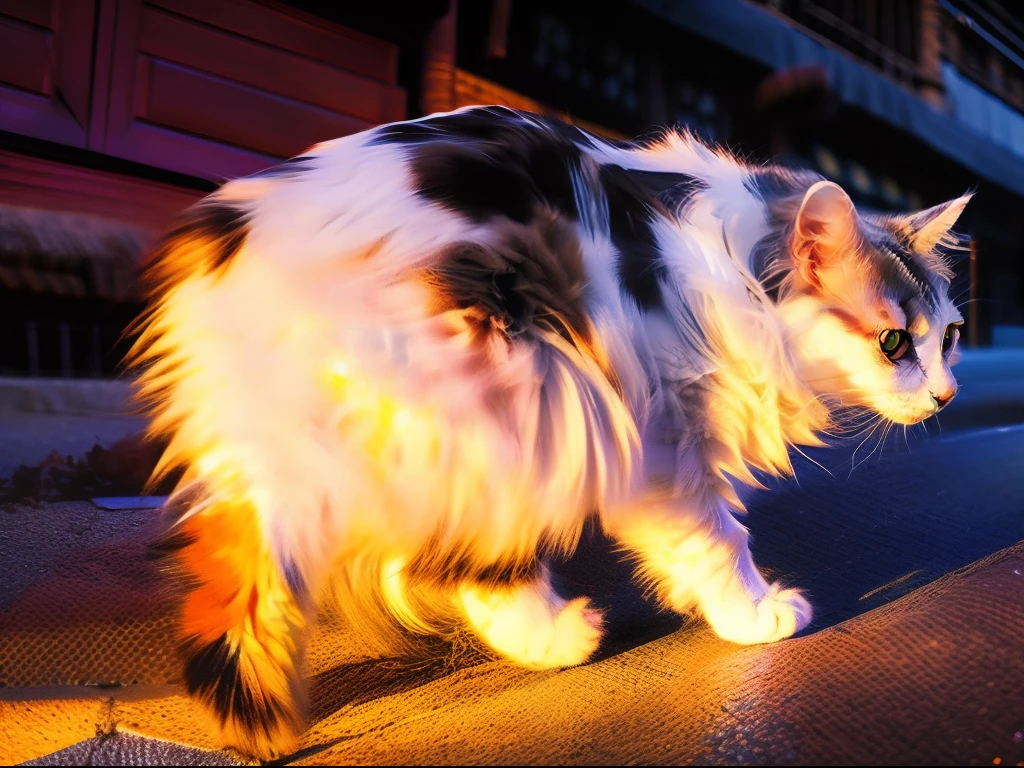 calico cat, tri-color cat, lihua cat, white black orange cat, Classic cat pose, walking on ancient asian street, tyndall effect, photorealistic, cinematic lighting, dark studio, round Pupils, reality, rim lighting, two tone lighting