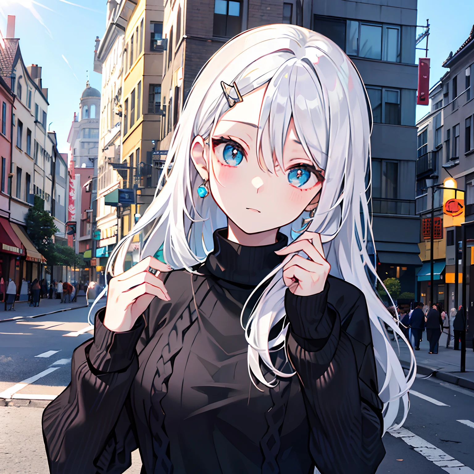 (top-quality、masutepiece)、(((Delicat eyes)))、1 girl in、Put your hand on your forehead、Fashionable clothes、White hair、hair pin、(((wearing black sweater)))、Daytime、Building Street、The sunlight is dazzling