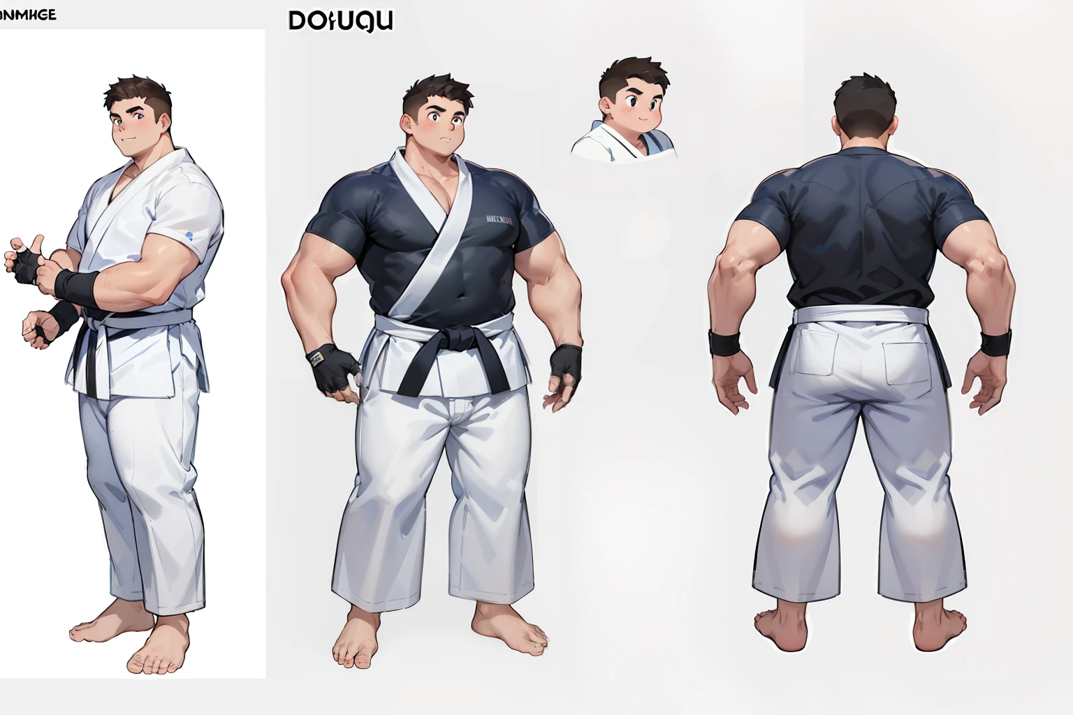 ((1boy_only, same_character, same_outfit)), charturnerv2, character_turnaround, character_sheet, ((3views)), reference_sheet, (chubby:1.2, stocky:1.2), ((white judo gi)), ((dougi)), barefoot, ((long pants)), (bara:1.2), (shota:0.25), buzz_cut, full body shot, ((cool, cute, awesome)), (fingerless gloves), (chubby_face:0.8), (solid_background)