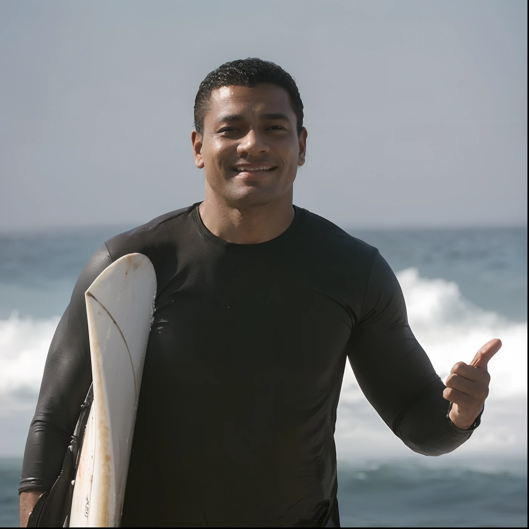 Personagem de desenho animado 3D. Homem com prancha de surf na praia. Pele suave.