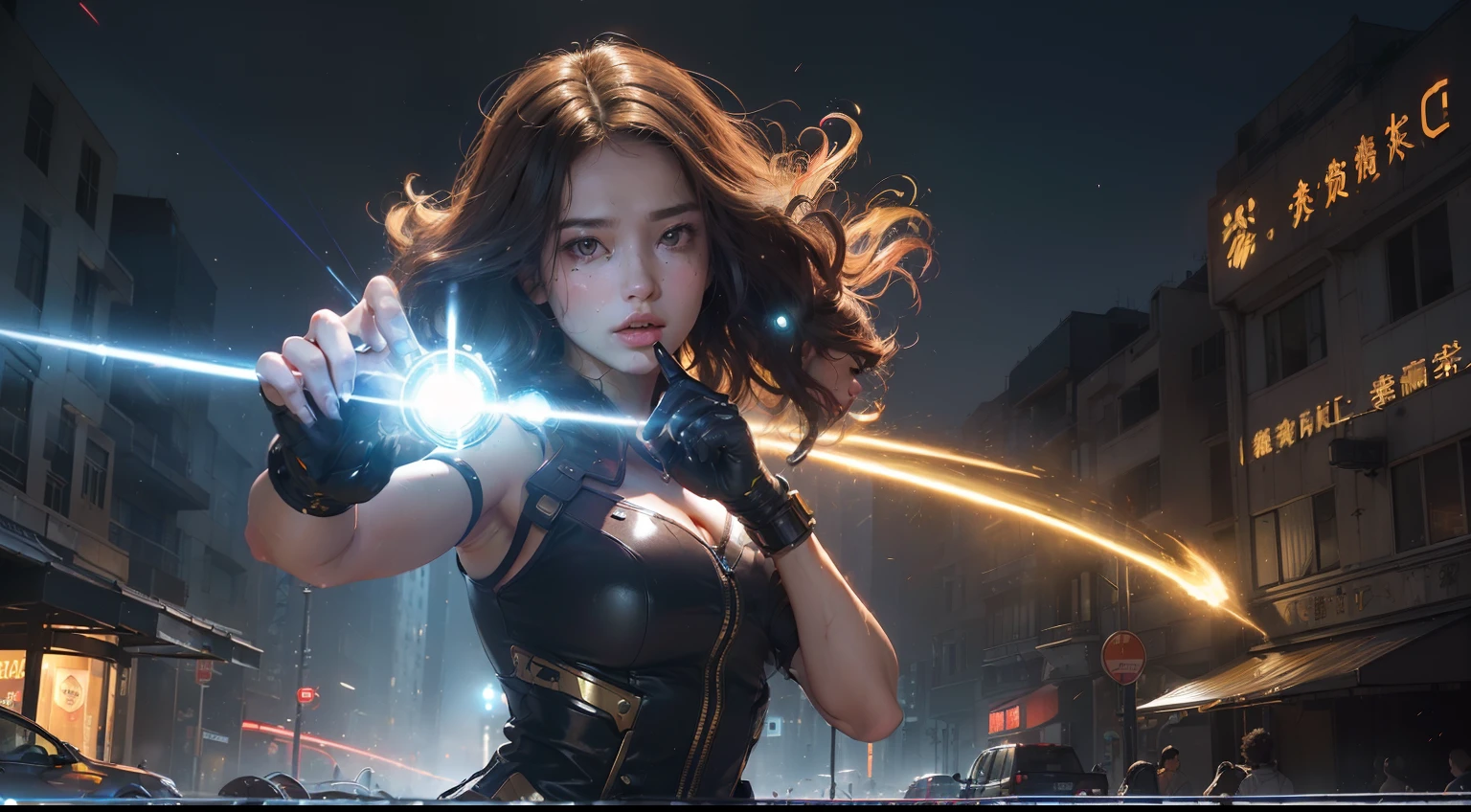 (realisitic,Photorealsitic:1.4),(1 beauty:1.3),(beautiful countenance:1.5),Detailed shiny skin,A detailed eye,Precise hands and fingers,8K HDR, , masterpiece, (Dynamic Angle Video),电影灯光, Finely drawn backgrounds,accurate fingers,(Futuristic cities,A large number of high-tech machines,SF Building,Multicolored lighting,Sci-Fi attire,PerspectivePerspective:1.3),Beautiful Greeks,Dress calmly,brown haired,Curly hair,Paris,city center,Boxing gestures,The composition of splashing water droplets,compositions with a high content of yellow,,Yellow Sparks Machine,Giant Machines