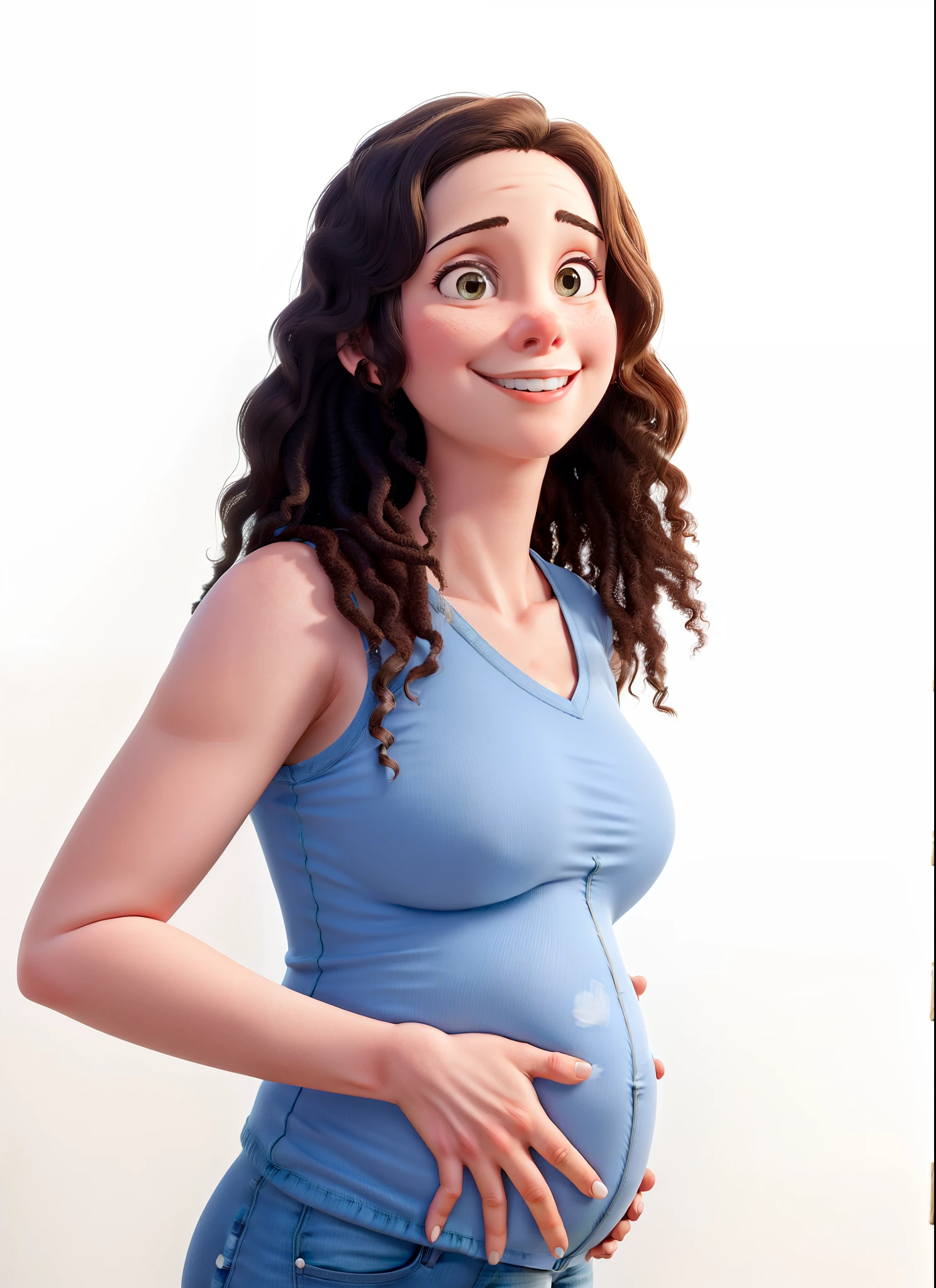A pregnant woman with her hand on her belly , com uma jardineira jeans com os sorriso no rosto dr cabelo cacheado solto