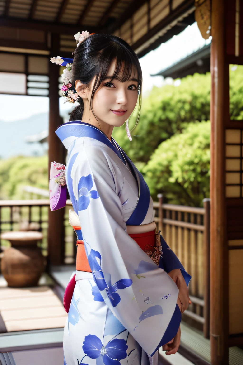 (8K、Raw photography、top-quality、masterpiece:1.2)、ultra-detailliert、超A high resolution、(realisitic、photoRealstic:1.37)、portlate、High-detail RAW color photos、professional photograpy、extremely delicate and beautiful、A highly detailed、 8K Wallpapers、magnifica、finely detail、huge filesize、Official art、Highly detailed CG Unity 8K wallpapers、highly detailed beautiful girl、extra detailed face、extremely detailed eye、highlydetailed skin、extremely detailed fingers、highly detailed nose、highly detail mouth、perfect anatomia、highly detailed back ground、Highly detailed attire、女の子1人、(18year old:1.2)、10 generations、Cute little girl s、famous Japan idol、cute little、(small tits:1.2)、Realistic body、小柄、fair white skin、shinny skin、slenderbody、well-styled、A dark-haired、Hair collection、(Pattsun bangs:1.2)、A smile、kawaii、年轻、kawaii faces、Lifelike face、Beautiful eyes、Sauce order、(Kimono:1.4)、Dense embroidery、耳Nipple Ring、(hair adornments:1.2)、eye、cowboy shot、frontage、standing athletic pose、Contrapo、in a house、(natta:1.4)、bathrobe、kyoto、Dynamic lighting、Valley、