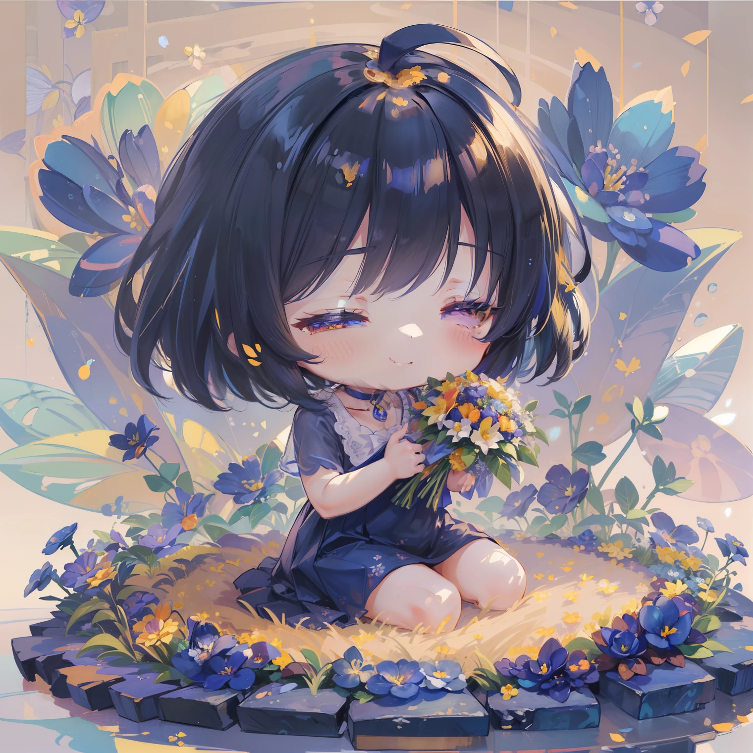 (((Lapis lazuli masterpiece))), Best Quality, Extremely detailed, Anime, (Hold a bouquet), (casual), (Black and yellow short hair), multicolored hair:1.2), Closed eyes, (((girl with))), (((Solo))), Happy, Full body, Ahoge, (((Deformed))), (((Chibi Character))), (((Floral background))), (White background), (flower  field)