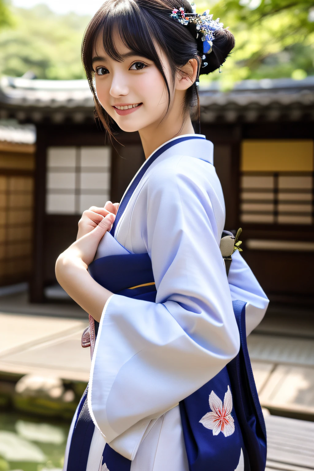 (8K、Raw photography、top-quality、masterpiece:1.2)、ultra-detailliert、超A high resolution、(realisitic、photoRealstic:1.37)、portlate、High-detail RAW color photos、professional photograpy、extremely delicate and beautiful、A highly detailed、 8K Wallpapers、magnifica、finely detail、huge filesize、Official art、Highly detailed CG Unity 8K wallpapers、highly detailed beautiful girl、extra detailed face、extremely detailed eye、highlydetailed skin、extremely detailed fingers、highly detailed nose、highly detail mouth、perfect anatomia、highly detailed back ground、Highly detailed attire、女の子1人、(18year old:1.2)、10 generations、Cute little girl s、famous Japan idol、cute little、(small tits:1.2)、Realistic body、小柄、fair white skin、shinny skin、slenderbody、well-styled、A dark-haired、Hair collection、(Pattsun bangs:1.2)、A smile、kawaii、年轻、kawaii faces、Lifelike face、Beautiful eyes、Sauce order、(Kimono:1.4)、Dense embroidery、耳Nipple Ring、(hair adornments:1.2)、eye、cowboy shot、frontage、standing athletic pose、Contrapo、outside of house、(natta:1.4)、bathrobe、kyoto、Dynamic lighting、Valley、