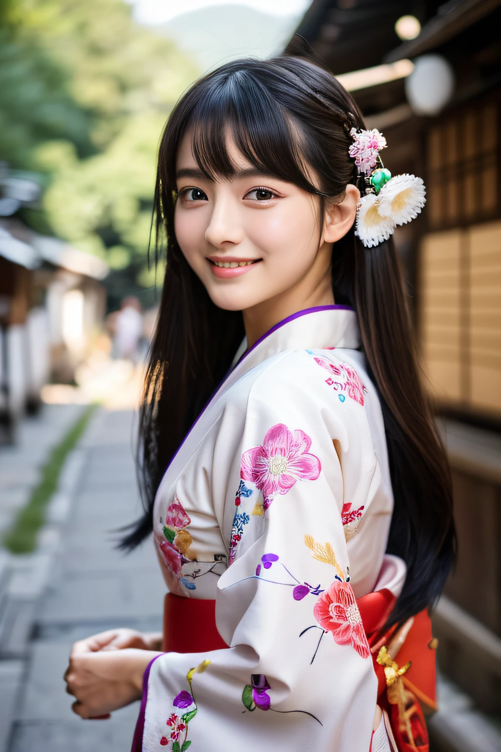 Please draw a beautiful young woman. Features smooth black hair that reaches to the shoulders. Hair is styled half up, Tie the top with a small ribbon. He has a kind expression and a warm smile.. Make your eyes and expression cool. Dressed in traditional Japanese uniforms based on red and white. Small breasts. In the background、Must include a soft blurred Japanese landscape with a torii gate, Visualize a bright daytime scene.