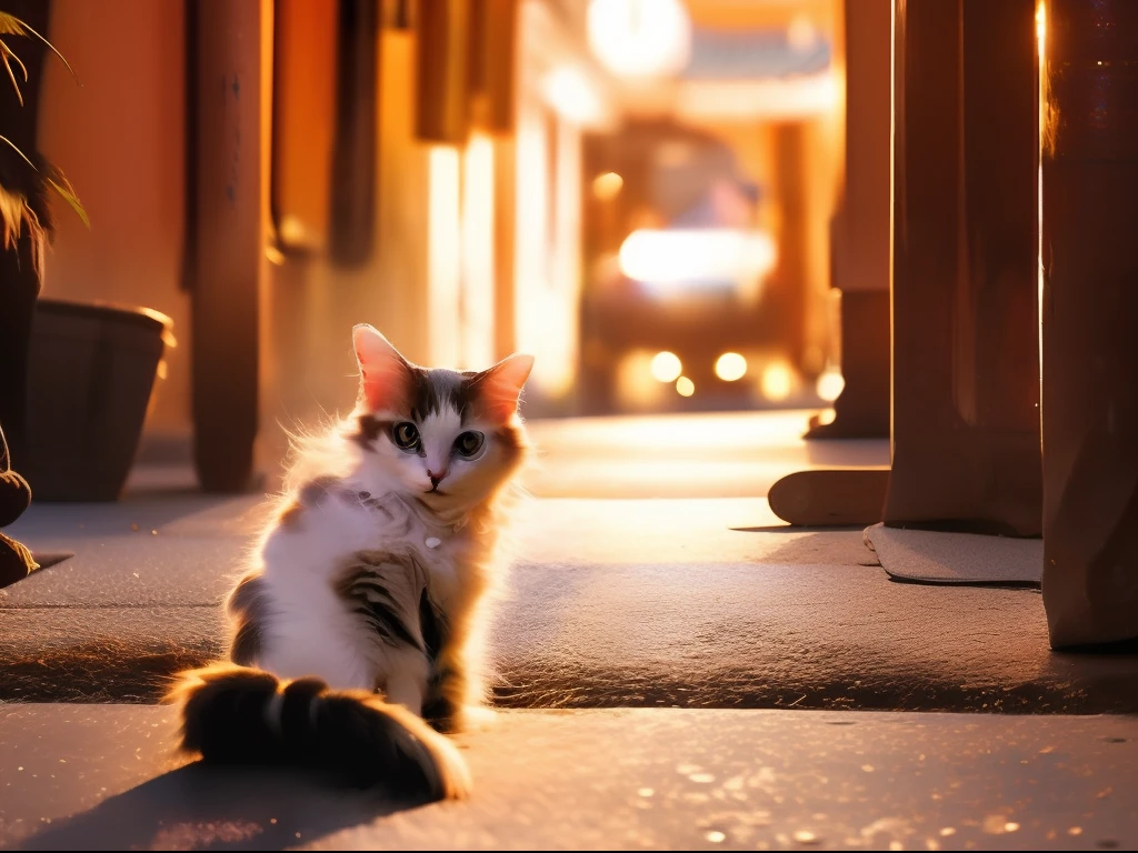 calico cat, tri-color cat, lihua cat, white black orange cat, Classic cat pose, walking on ancient asian street, tyndall effect, photorealistic, cinematic lighting, dark studio, round Pupils, reality, rim lighting, two tone lighting