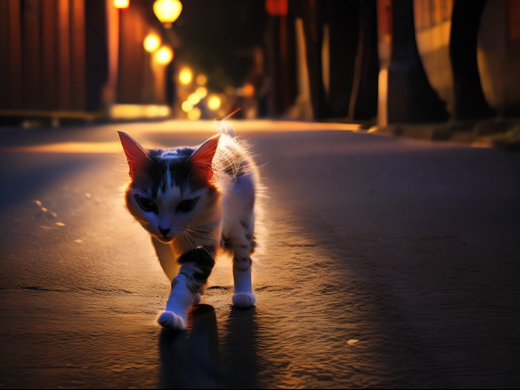 calico cat, tri-color cat, lihua cat, white black orange cat, Classic cat pose, walking on ancient asian street, tyndall effect, photorealistic, cinematic lighting, dark studio, round Pupils, reality, rim lighting, two tone lighting