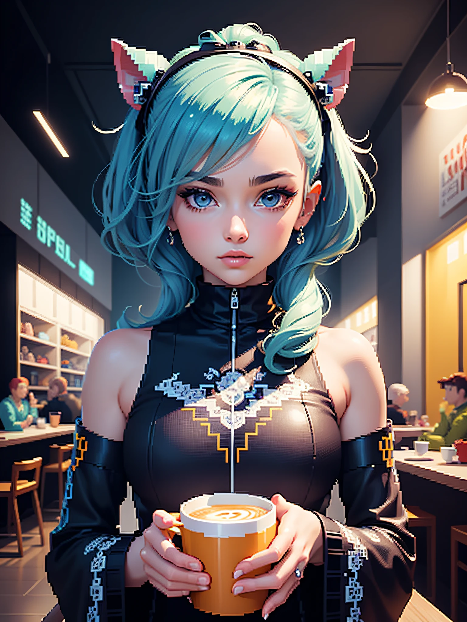 fabulous pixel art of beautiful futuristic idols having a coffee pixel art, beautiful and detailed pixel art, hyper detailed pixel art, conceptual pixel art, high quality pixel art, high quality pixel art, high quality pixel art, high quality pixel art, bioluminescent lighting, colorful, high contrast colors, Pixel art style, Pixel art:3, 4k, beautiful