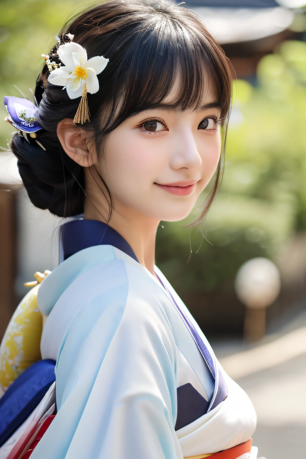 (8K、Raw photography、top-quality、masterpiece:1.2)、ultra-detailliert、超A high resolution、(realisitic、photoRealstic:1.37)、portlate、High-detail RAW color photos、professional photograpy、extremely delicate and beautiful、A highly detailed、 8K Wallpapers、magnifica、finely detail、huge filesize、Official art、Highly detailed CG Unity 8K wallpapers、highly detailed beautiful girl、extra detailed face、extremely detailed eye、highlydetailed skin、extremely detailed fingers、highly detailed nose、highly detail mouth、perfect anatomia、highly detailed back ground、Highly detailed attire、女の子1人、(18year old:1.2)、10 generations、Cute little girl s、famous Japan idol、cute little、(small tits:1.2)、Realistic body、小柄、fair white skin、shinny skin、slenderbody、well-styled、A dark-haired、Hair collection、(Pattsun bangs:1.2)、A smile、kawaii、年轻、kawaii faces、Lifelike face、Beautiful eyes、Sauce order、(Kimono:1.4)、Dense embroidery、耳Nipple Ring、(hair adornments:1.2)、eye、cowboy shot、frontage、standing athletic pose、Contrapo、outside of house、(natta:1.4)、A Japanese style、kyoto、Dynamic lighting、Valley、