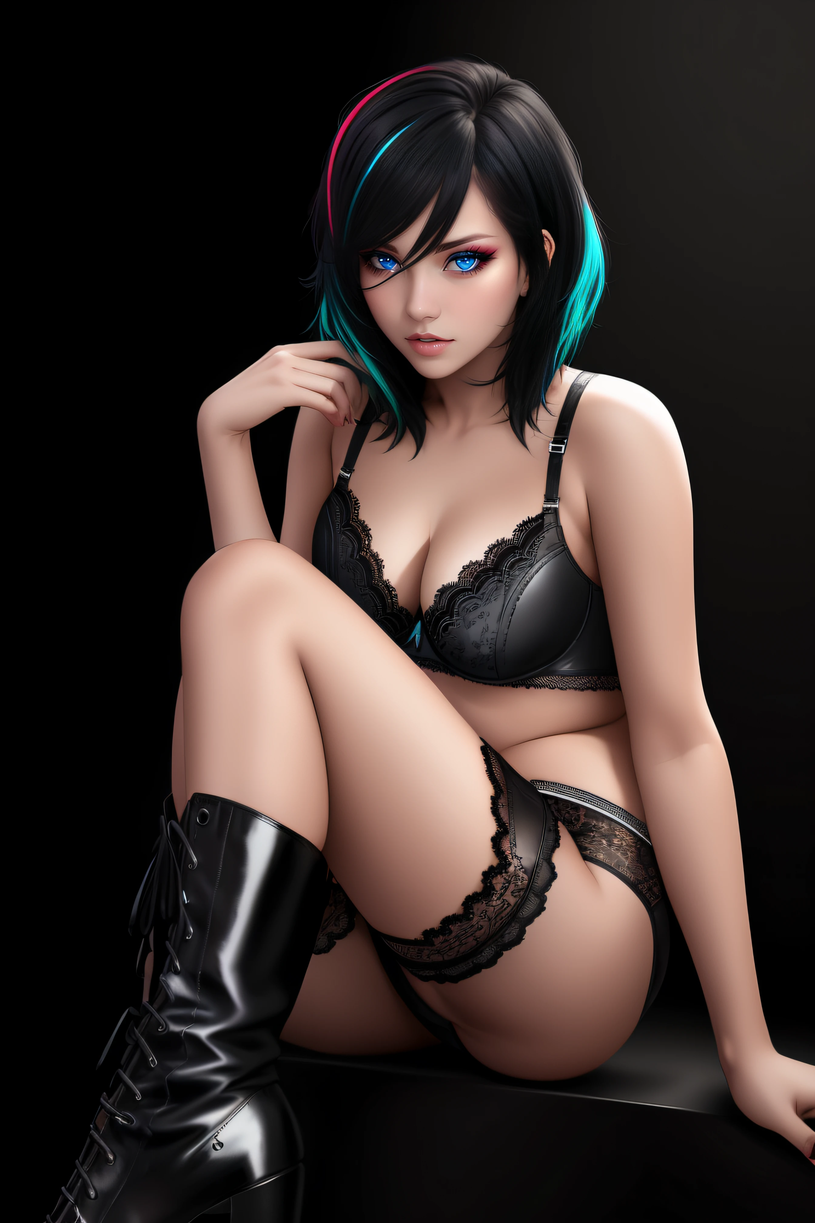 25-Year-Old Woman, short bright neon streaked black hair, (seductive pose:1.2), black eyeshadow, (lace underwear:1.4), (high heel leather boots), (dark city night black background:1.4), Serious Face, Realistic Face Resolution, Realistic, Object Resolution