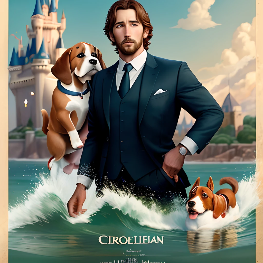 Une affiche de cinéma d'un film disney dont le hero est mon basset hound bicolore brun clair Patapouf. Le film se nommera : les aventures de Patapouf le basset hound