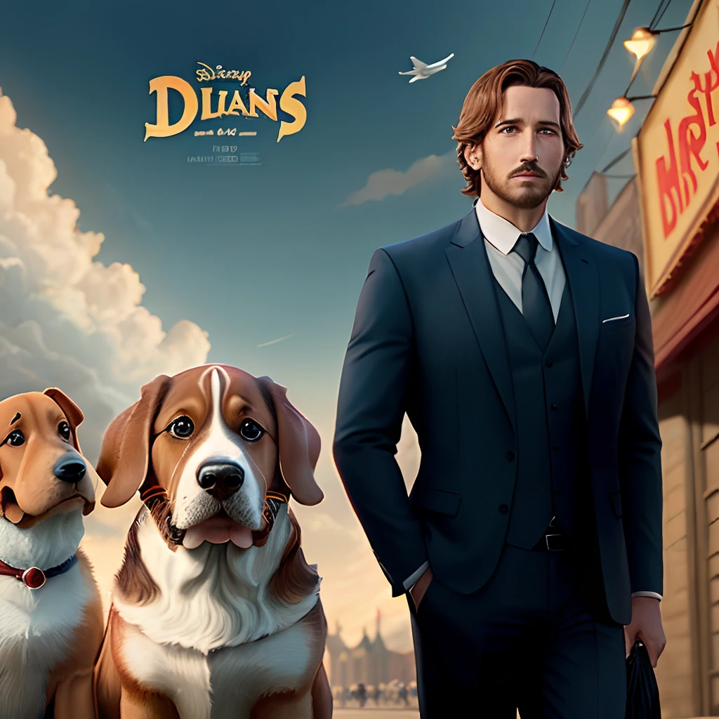 Une affiche de cinéma d'un film disney dont le hero est mon basset hound bicolore brun clair Patapouf. Le film se nommera : les aventures de Patapouf le basset hound