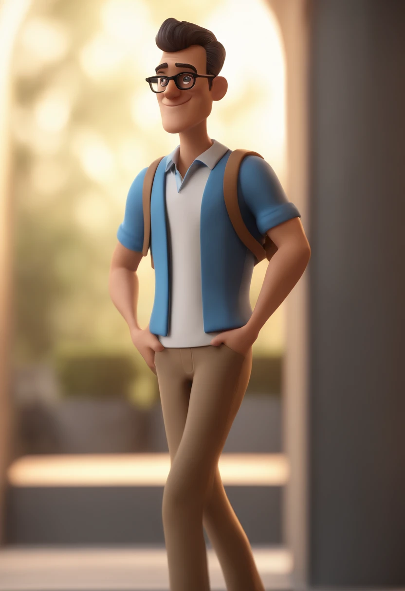 Cartoon character of a man with black glasses and a blue shirt, short caqui, cabelo grisalho, animation character, Caractere estilizado, animation style rendering, 3D estilizado, Arnold Maya render, 3 d render stylized, toon render keyshot, Personagem 3D, Personagem 3D, 3d rendering stylized, 3 d character render, personagem de desenho animado, Personagem de close up, Pose de personagem, (Estilo Pixar) (master part:1.2) (Bokeh) (best quality) (pele detalhada) (textura detalhada) (8k) (argila) (Cinematic lighting) (foco nítido