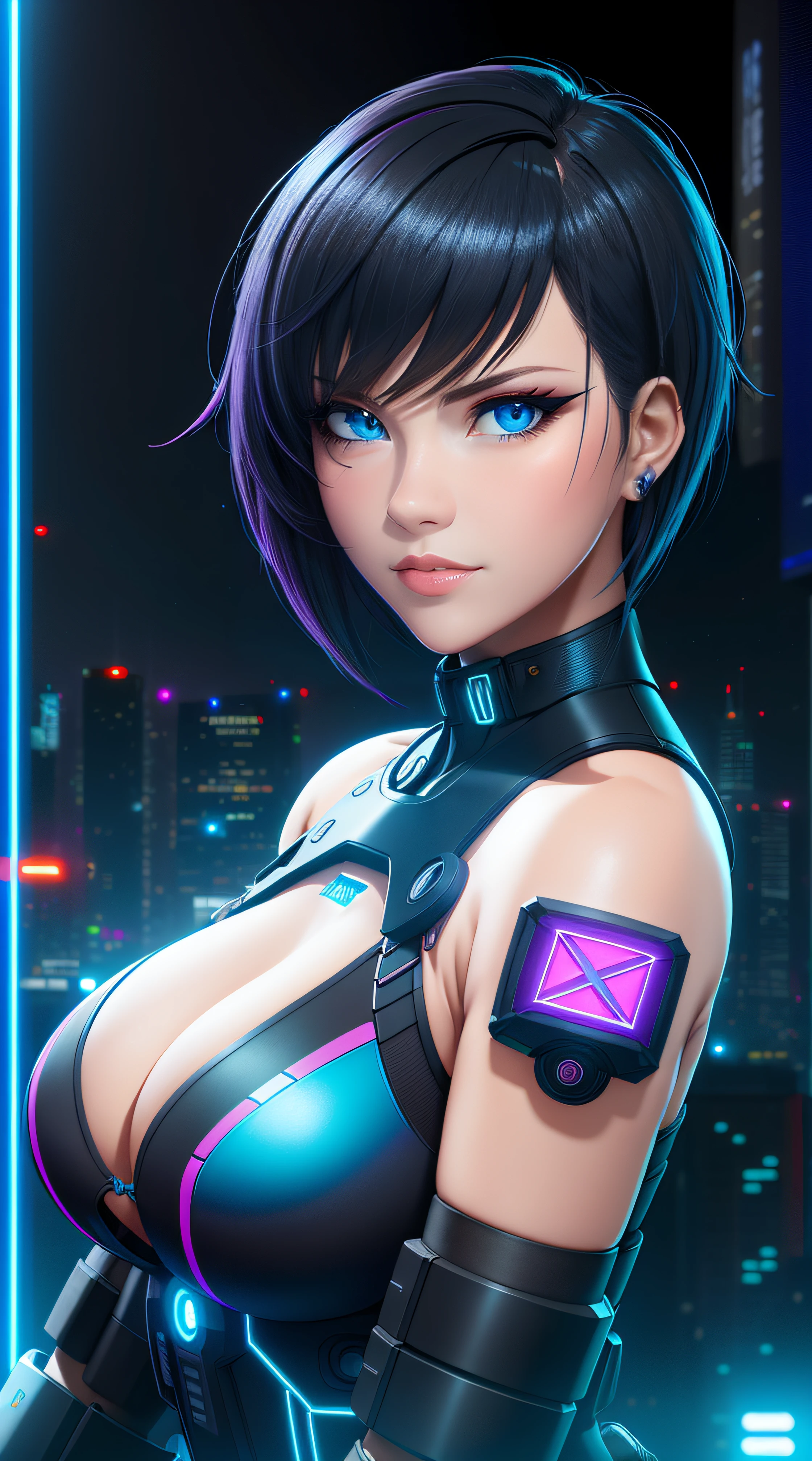 25-Year-Old Woman, Full Body, Adult, Dark Blue Water-Colored Eyes, Bright Neon Lighting, Black Bob Short Hair, cyberpunk femme fatale, seductive cyberpunk dark fantasy, cyberpunk strip clubs, cyberpunk 20 y. o model girl, oppai cyberpunk, Serious Face, Realistic Face Resolution, Realistic, Object Resolution, (dark city night black background:1.4),banner, high definition cgsociety, cgsociety masterpiece, trending on cgstation, kda
