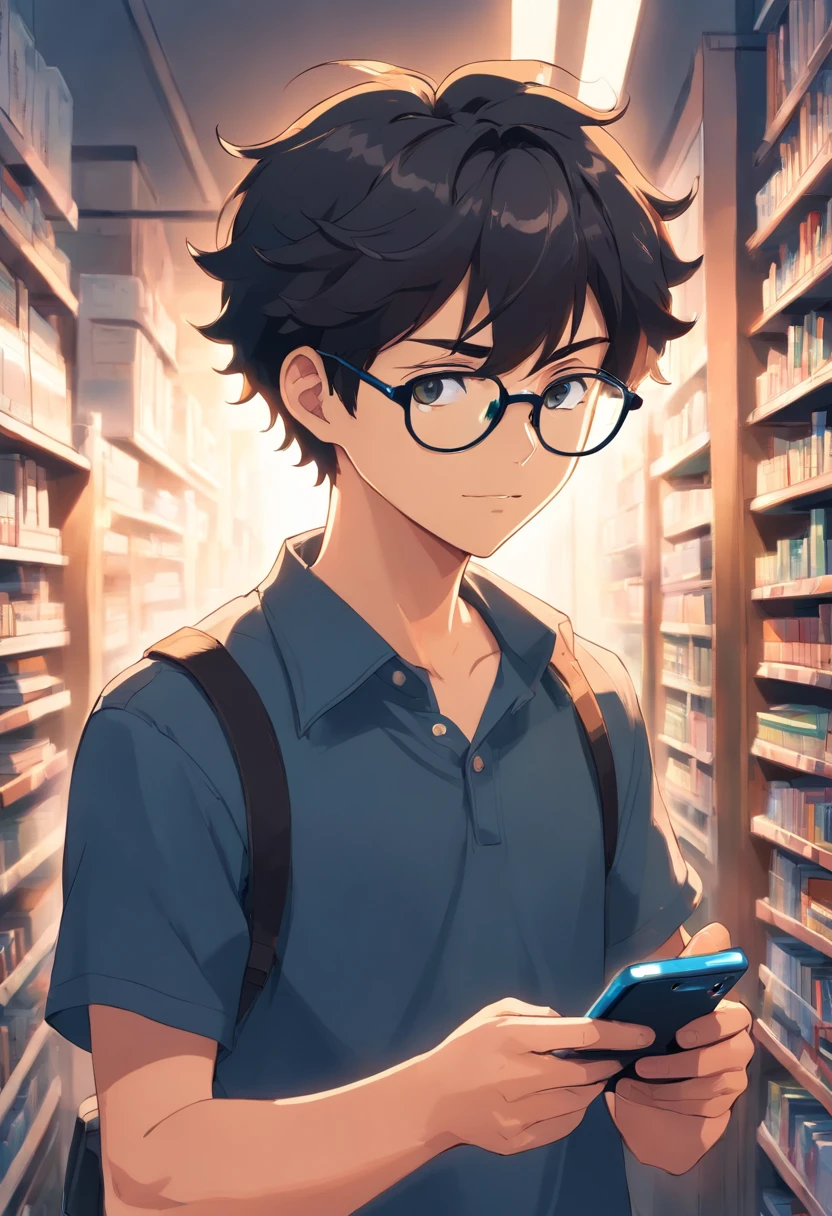Um menino de cor pardo, wearing glasses and large black color curly, de bigode e cavanhaque, segurando um celular